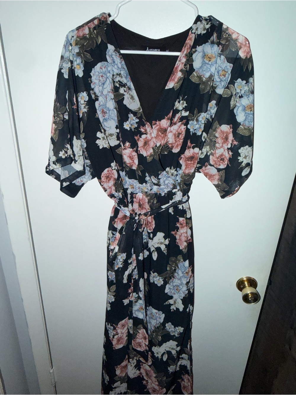 a new day Black Floral Wrap Maxi Dress with Pink & Light Blue Flowers